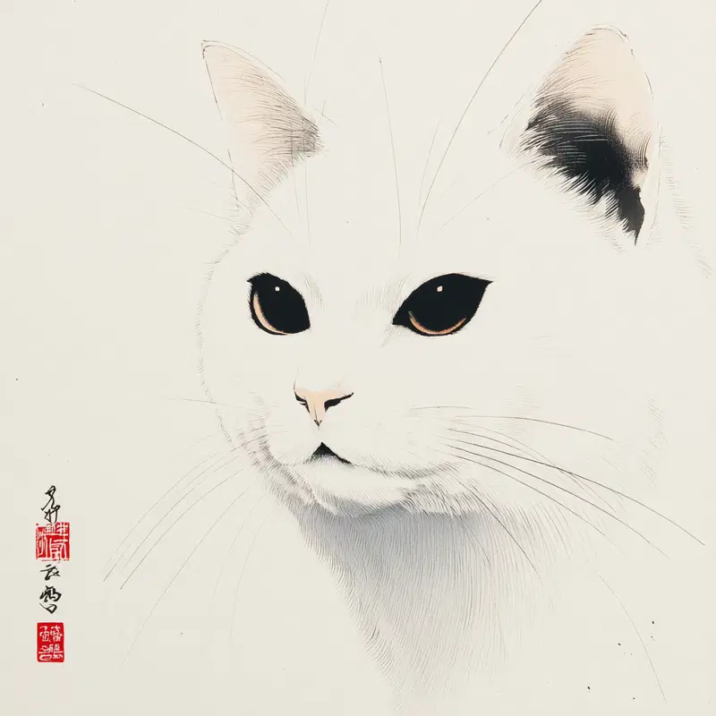 Japanese Sumi-e White Cat Art Inspiration by Matsumoto Hoji