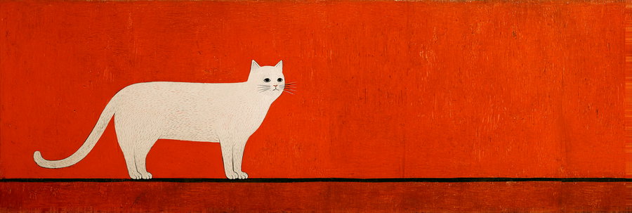Minimalist painting of a white cat on orange wall
