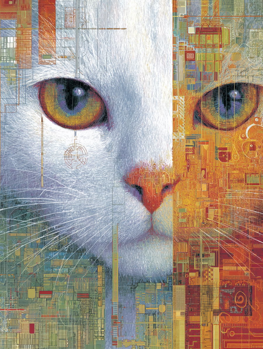 White cat face with blue eyes and geometric shapes