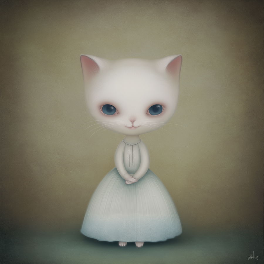 Whimsical white cat surrounded by colorful dreamlike elements