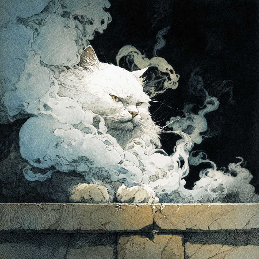 Clever white cat formed from smoke and mist animation