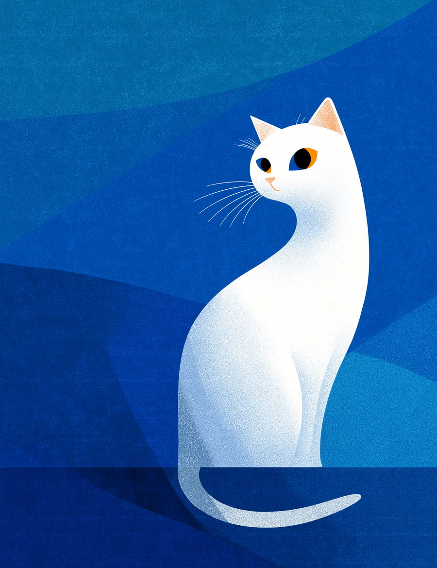 White cat illustration on blue background in colorful cartoon style