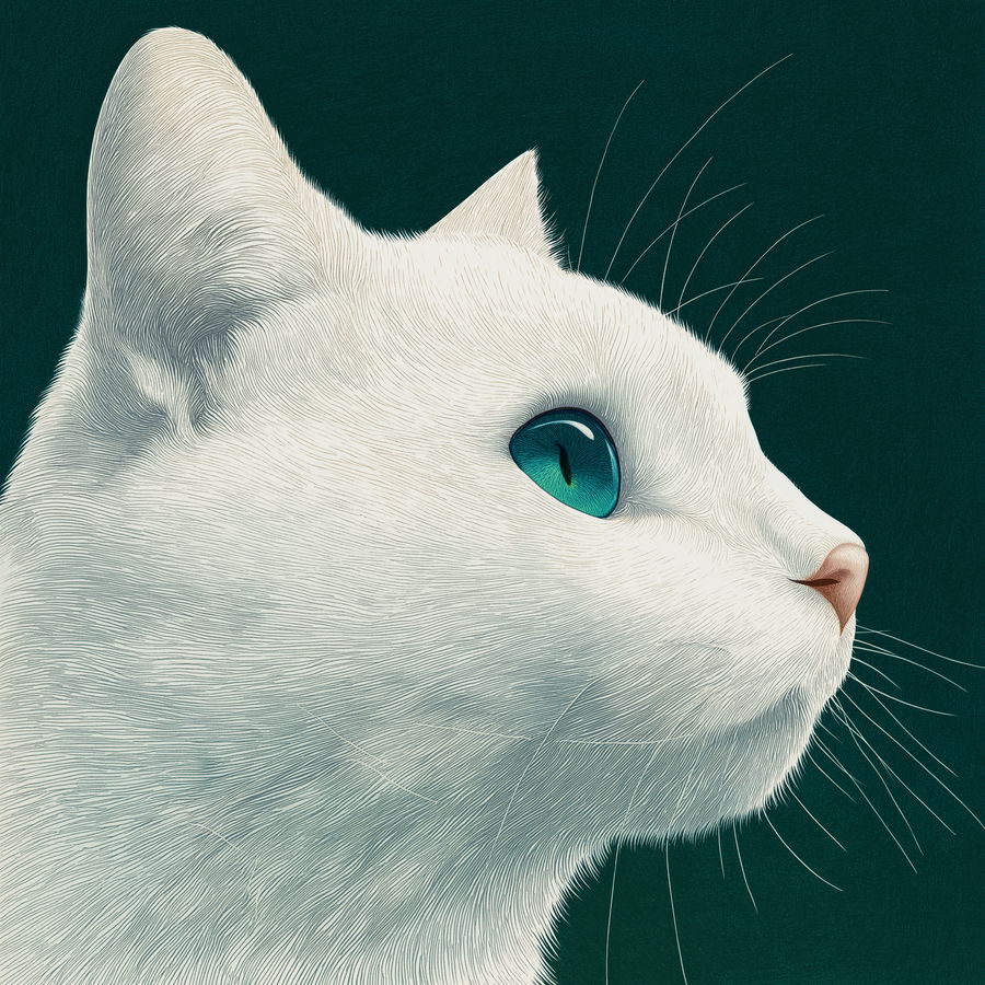 White cat with blue eyes on solid green background
