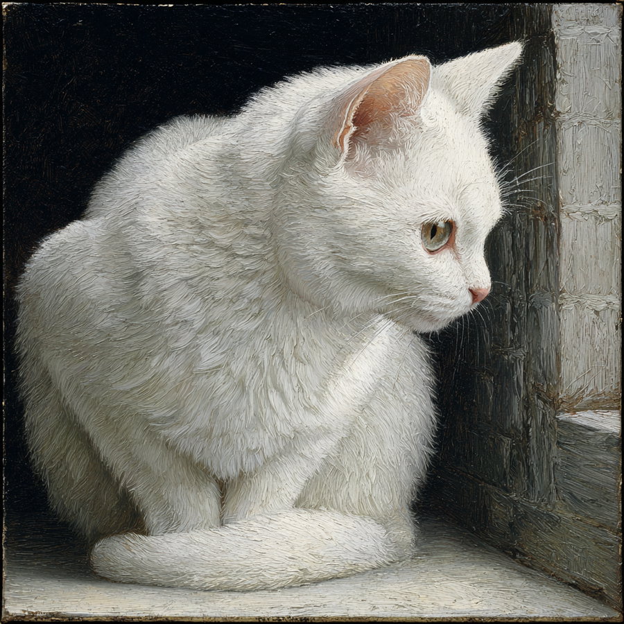 Fluffy white cat lounging on a sunny windowsill