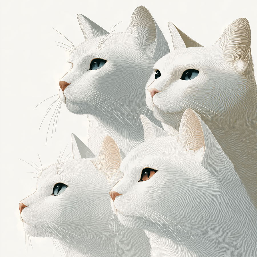 Four white cats lounging together in a sunny garden