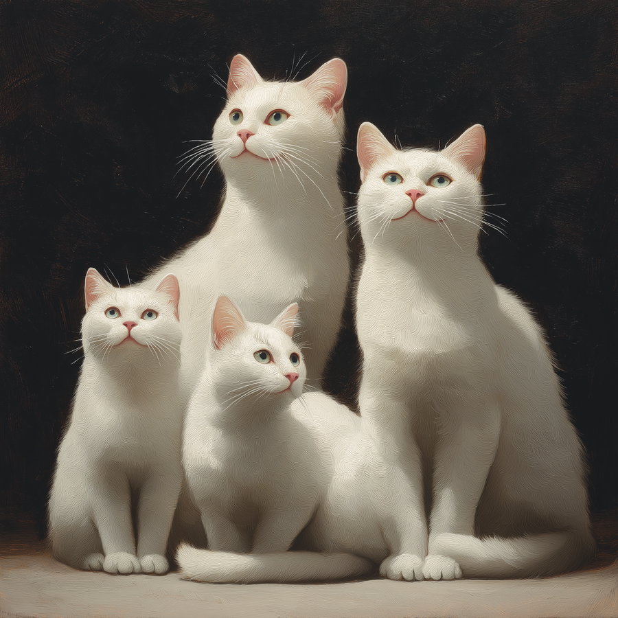 Four fluffy white cats lounging in a sunny garden