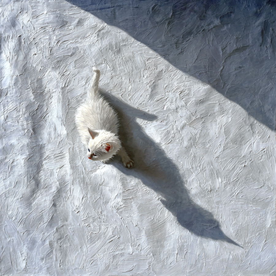White kitten resting on white sheet with soft shadow
