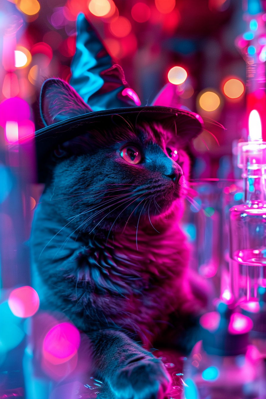Black witch cat in wizard hat beside glowing potions