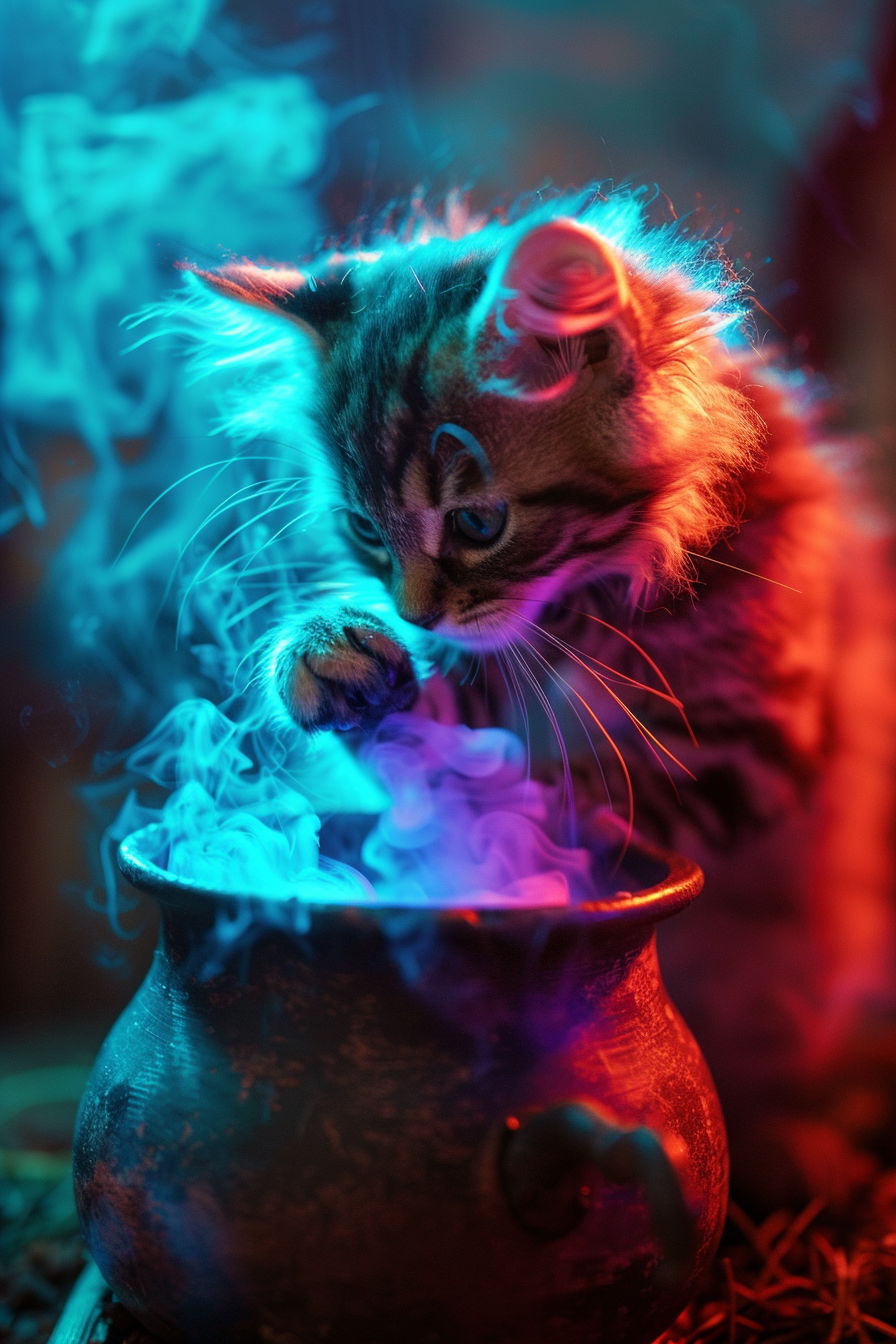 Tiny witch kitten brewing potion in colorful cauldron