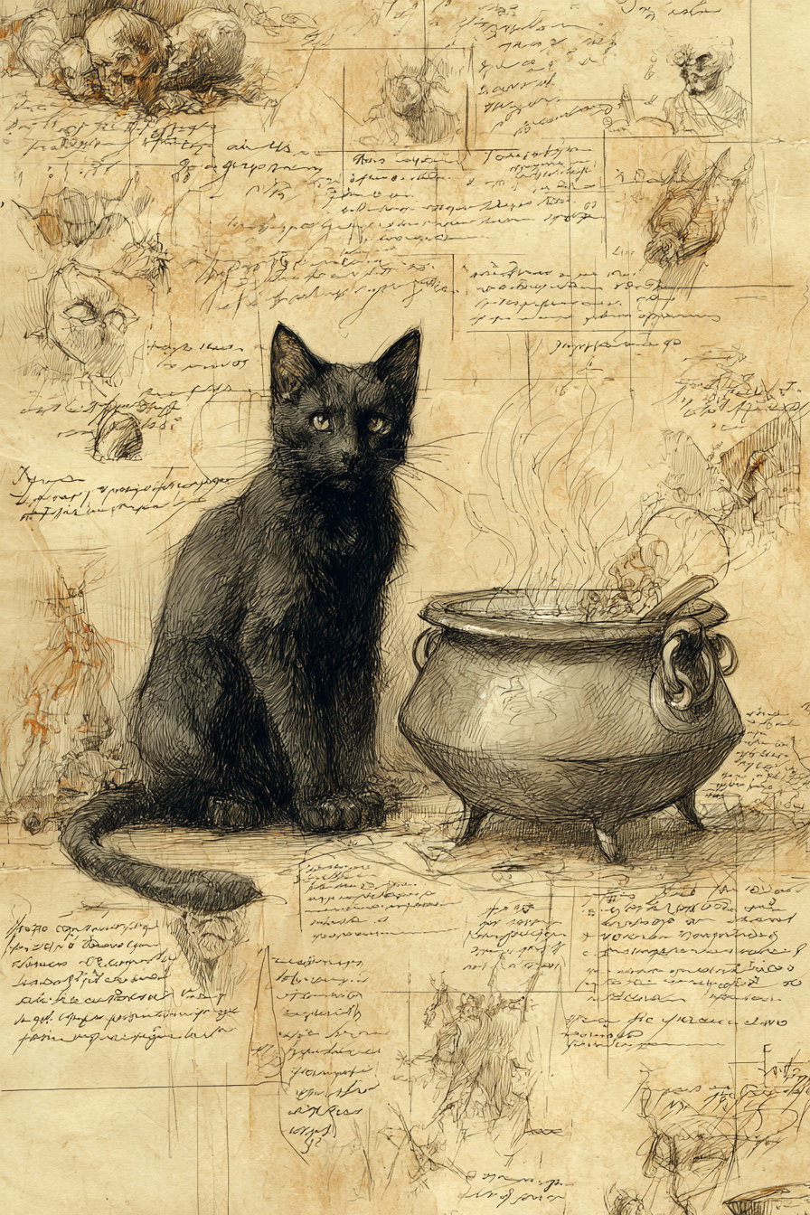 Black cat beside witch's cauldron on old parchment background
