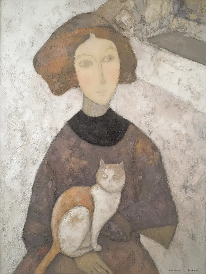 Textured Brush Stroke Art: Women with Cat Decor Inspiration