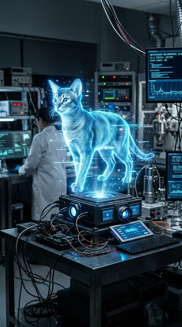 Holographic Projection of an Abyssinian Cat in a Tech Lab Setting