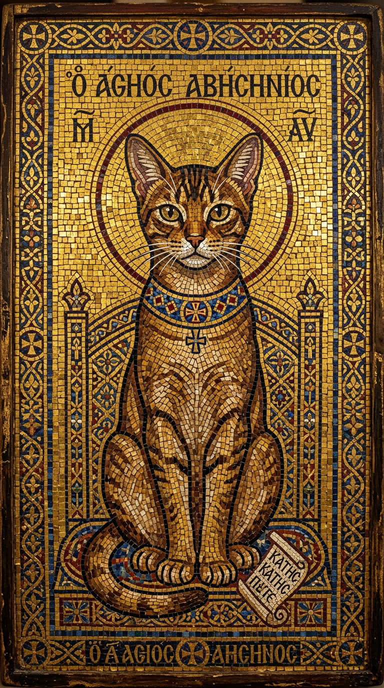 A mosaic artwork of a cat depicted in gold and colorful tiles, seated with a collar