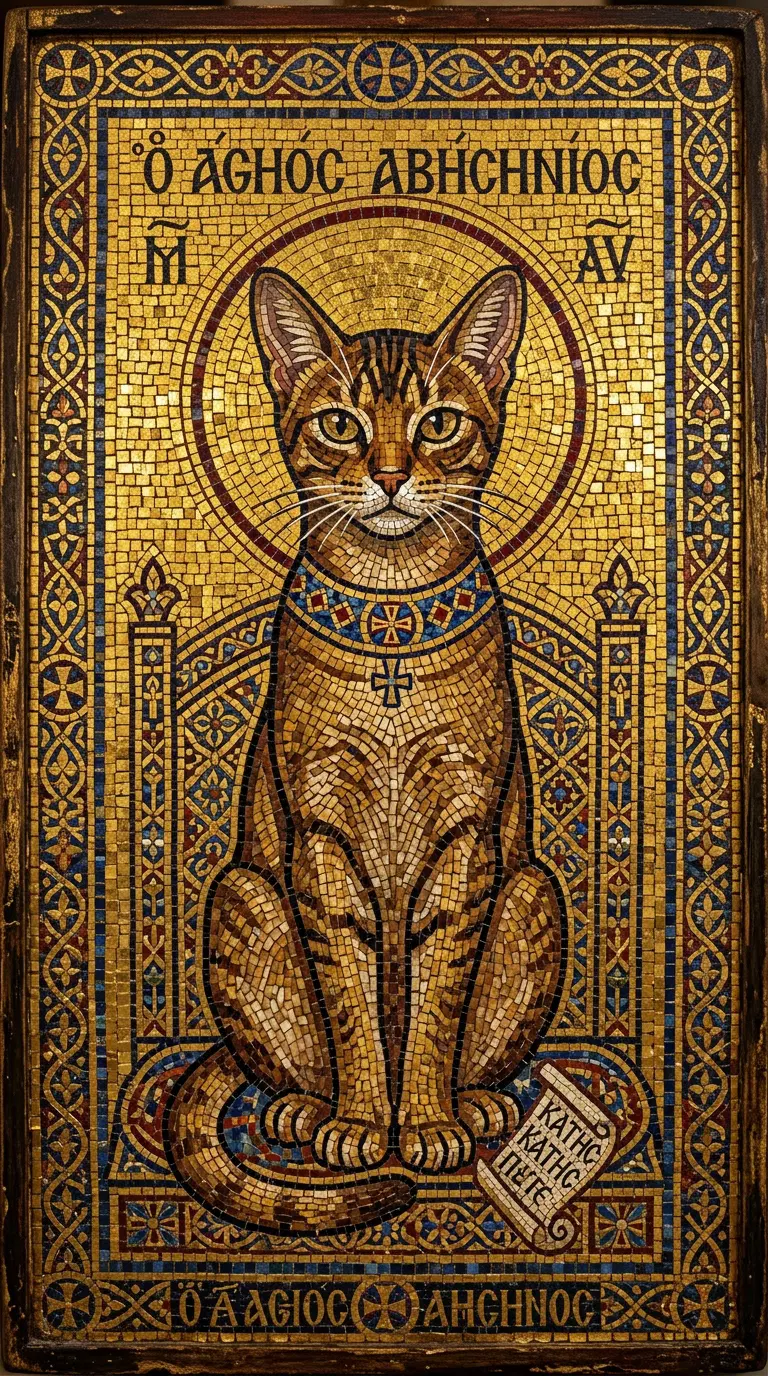 Detailed Mosaic Art Featuring an Abyssinian Cat with Gold Accents