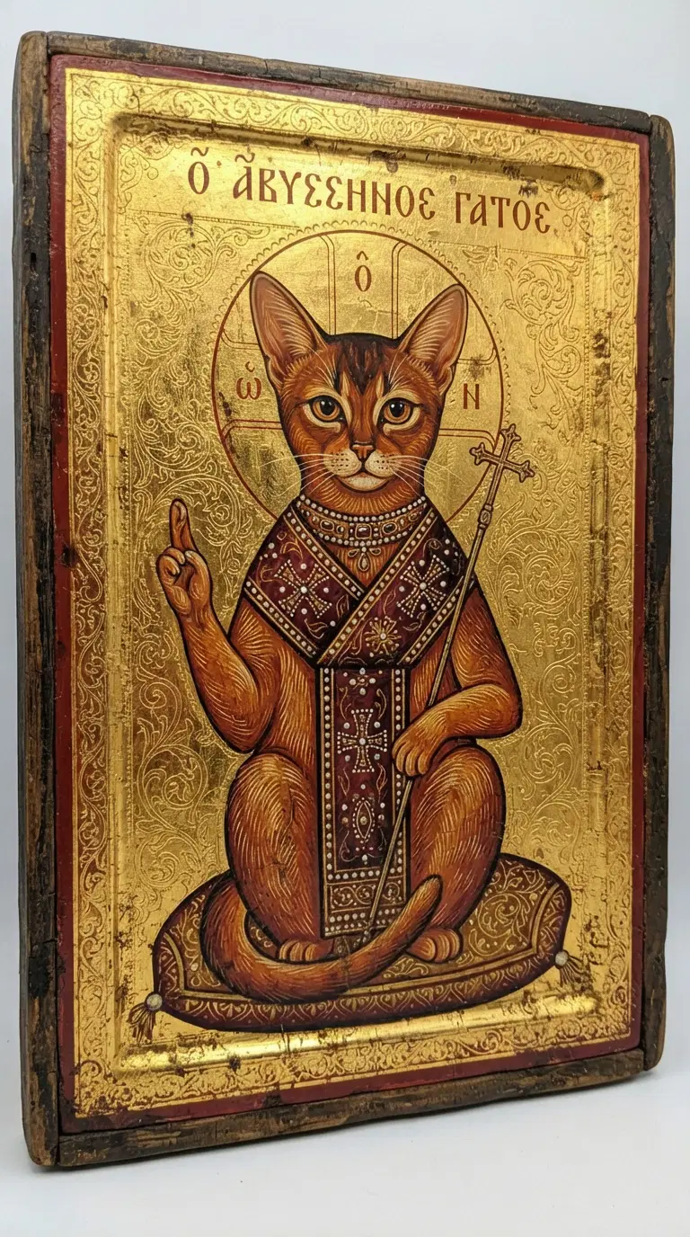 A beautifully illustrated icon of an Abyssinian cat in gold tones