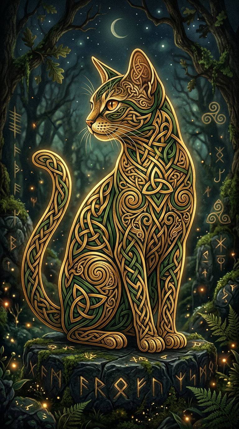 An intricately designed Abyssinian cat adorned with patterns, sitting in a dark forest with mystical symbols and a moon in the background