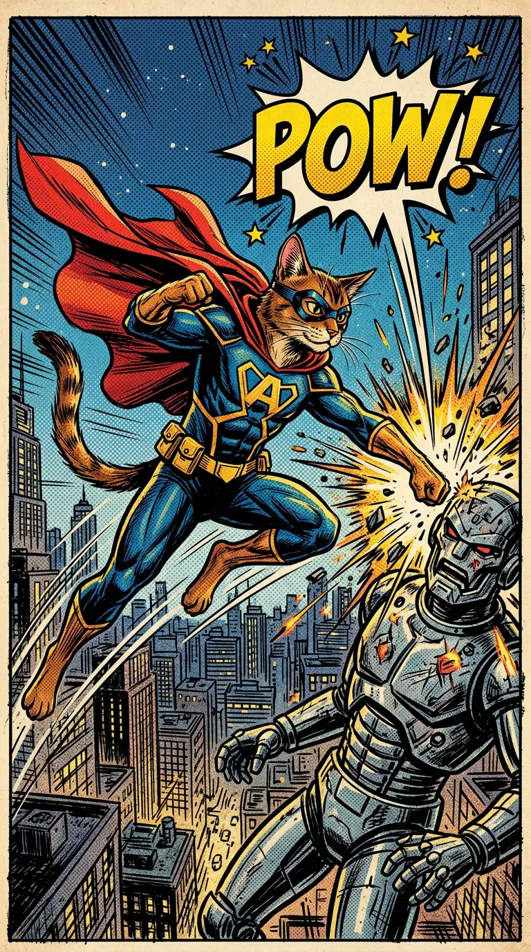 Superhero Abyssinian Cat in Action Against a Robot Villain