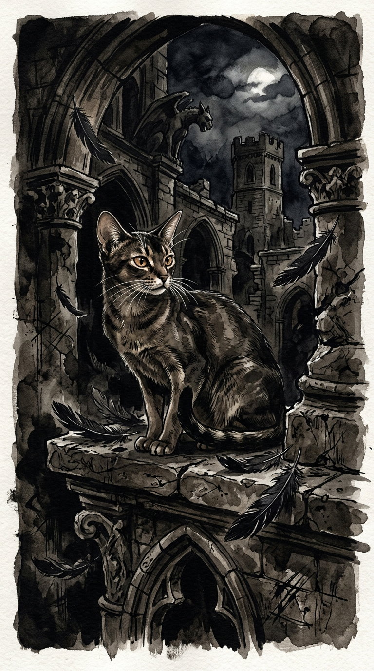 An Abyssinian cat sitting on a stone ledge in a gothic ruin, with dark clouds and a full moon in the background.