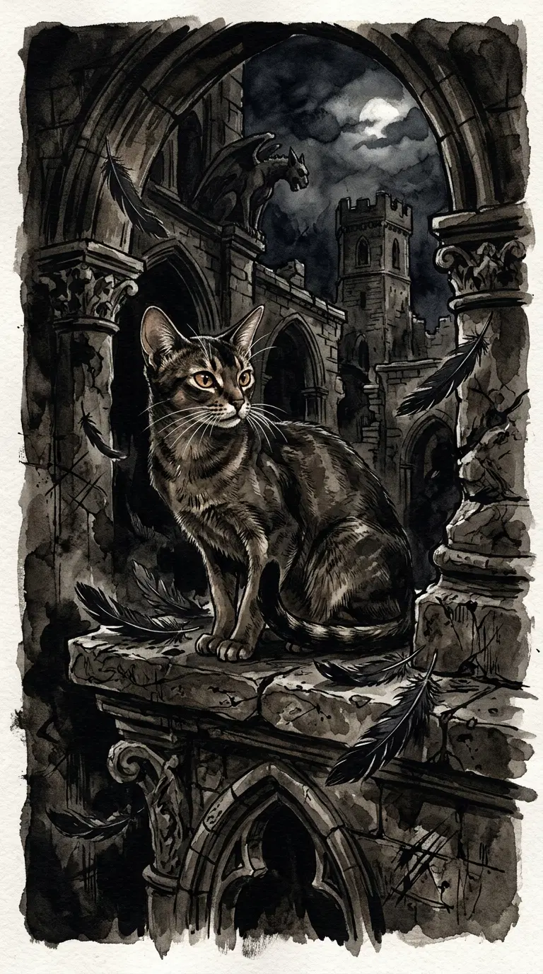 Abyssinian Cat Perched in a Dark Gothic Ruin at Night