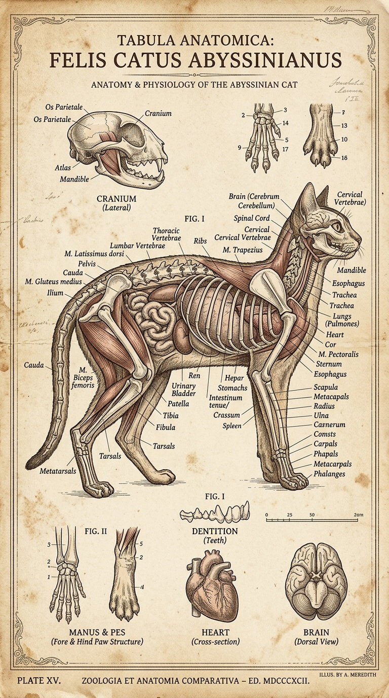 A detailed anatomical diagram of an Abyssinian cat showing the skeletal structure and internal organs.