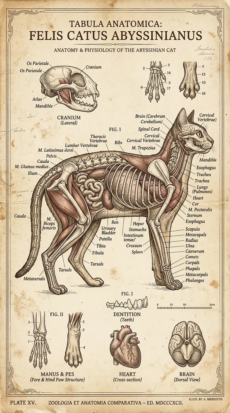 Anatomical Illustration of an Abyssinian Cat Skeleton and Organs