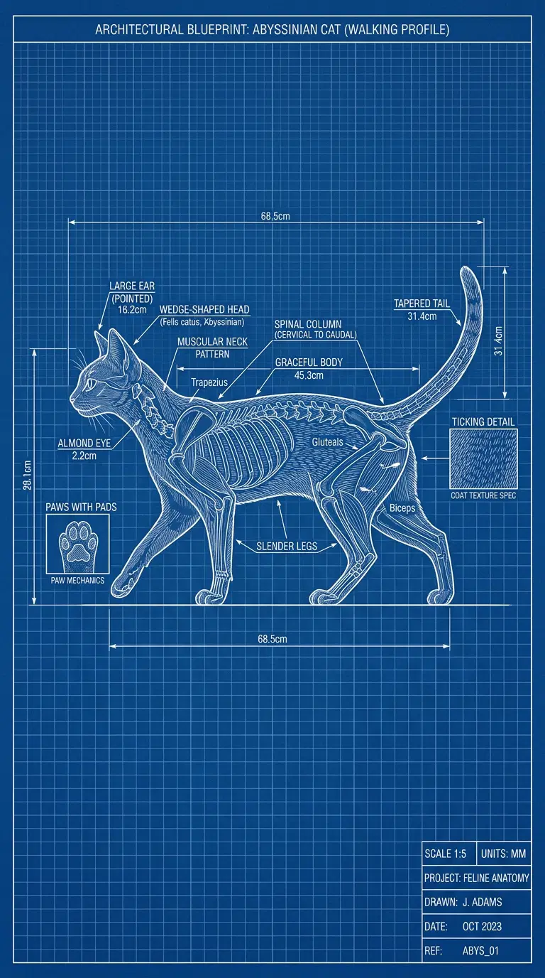 Architectural Blueprint of an Abyssinian Cat in Walking Profile
