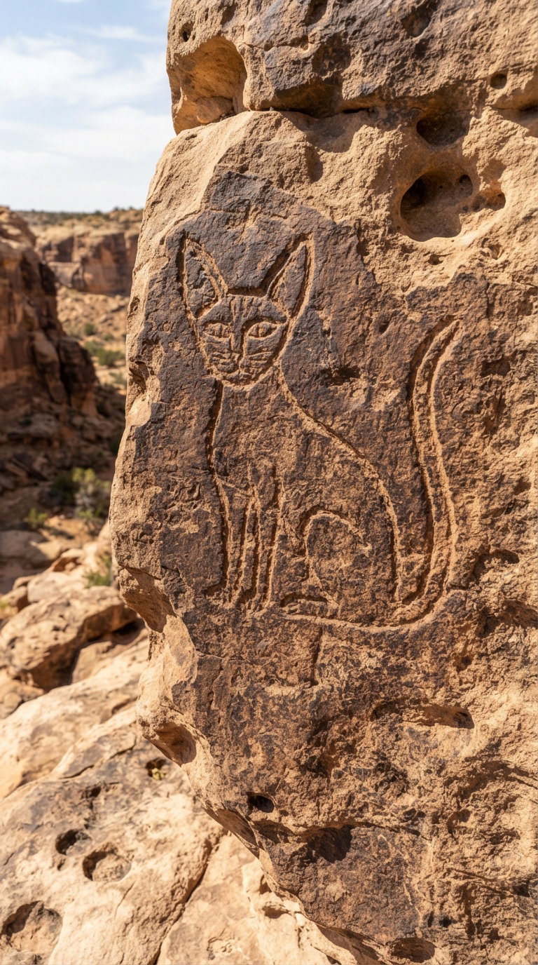 A rock face with a petroglyph of a cat, depicting a sitting feline in profile