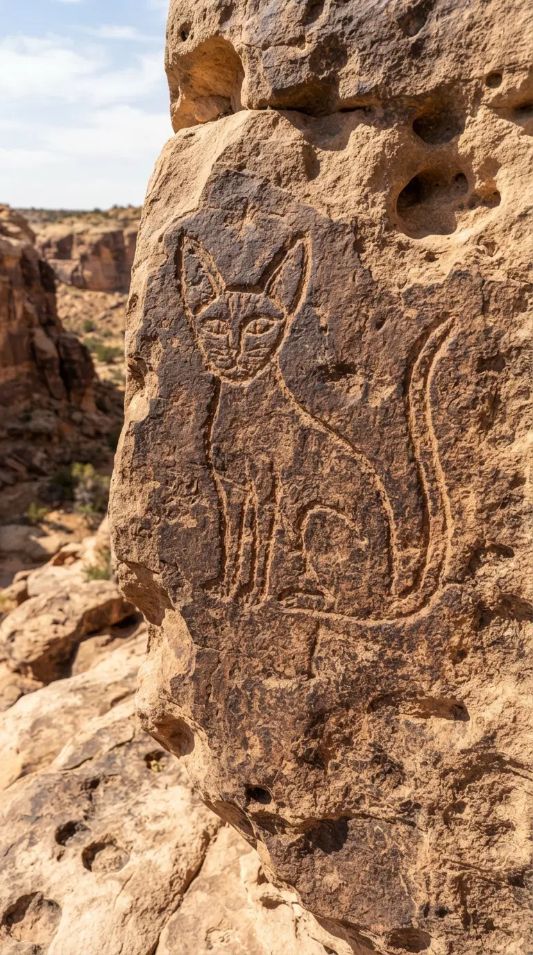 Petroglyph of a Cat Etched into Rocky Terrain in the Desert