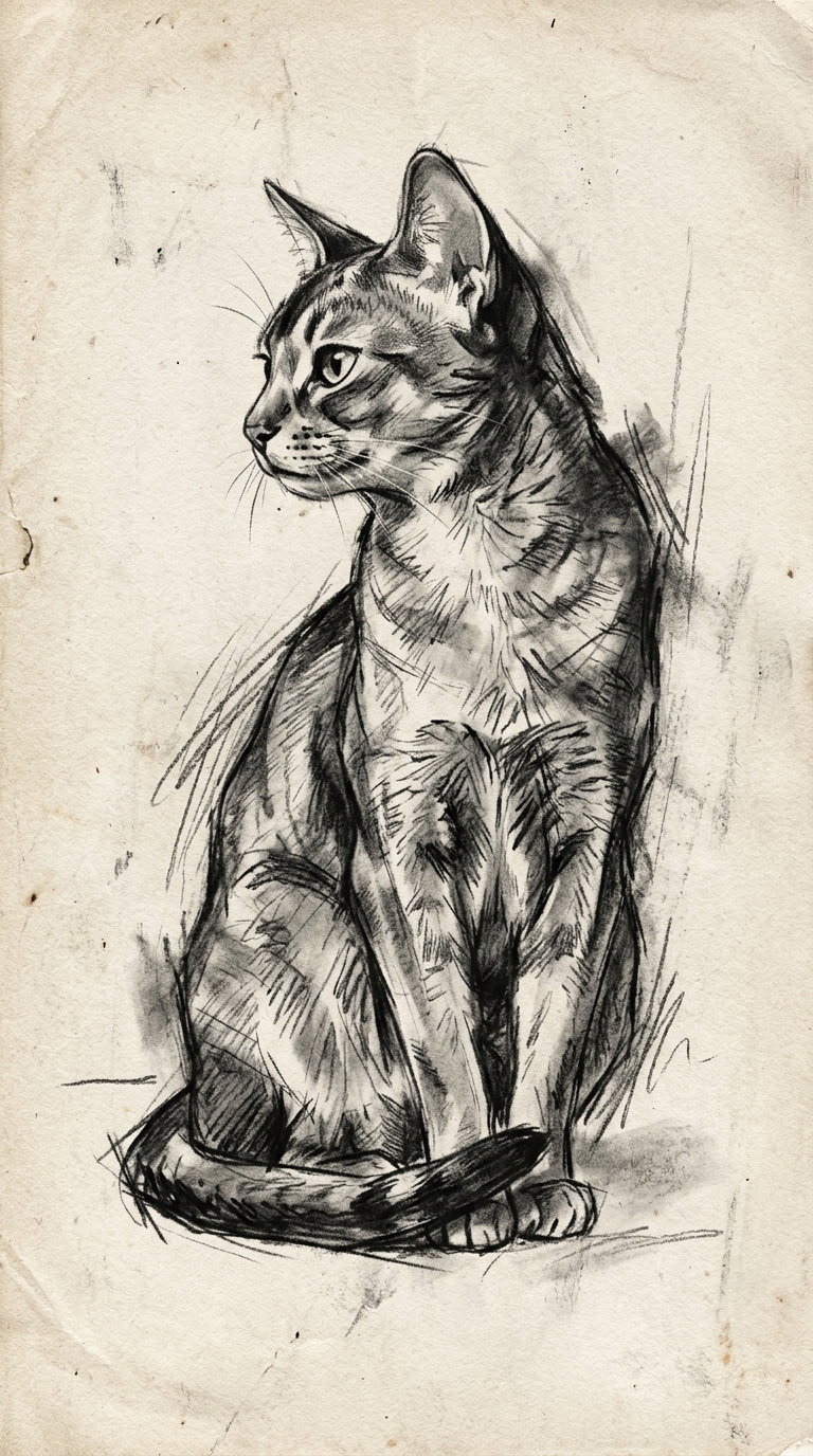 A pencil sketch of a sitting Abyssinian cat, showing detailed fur and facial features
