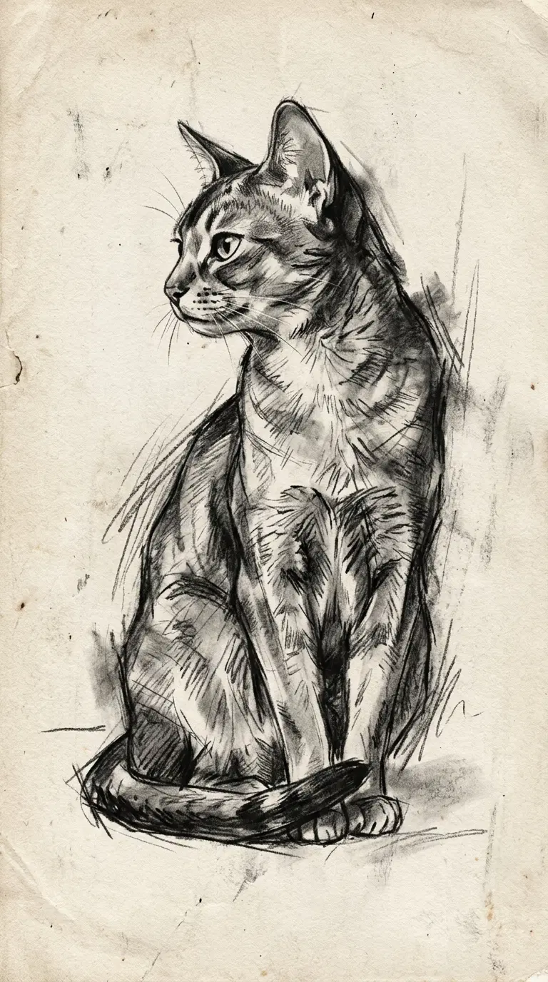 Artistic Sketch of a Sitting Abyssinian Cat in Profile View