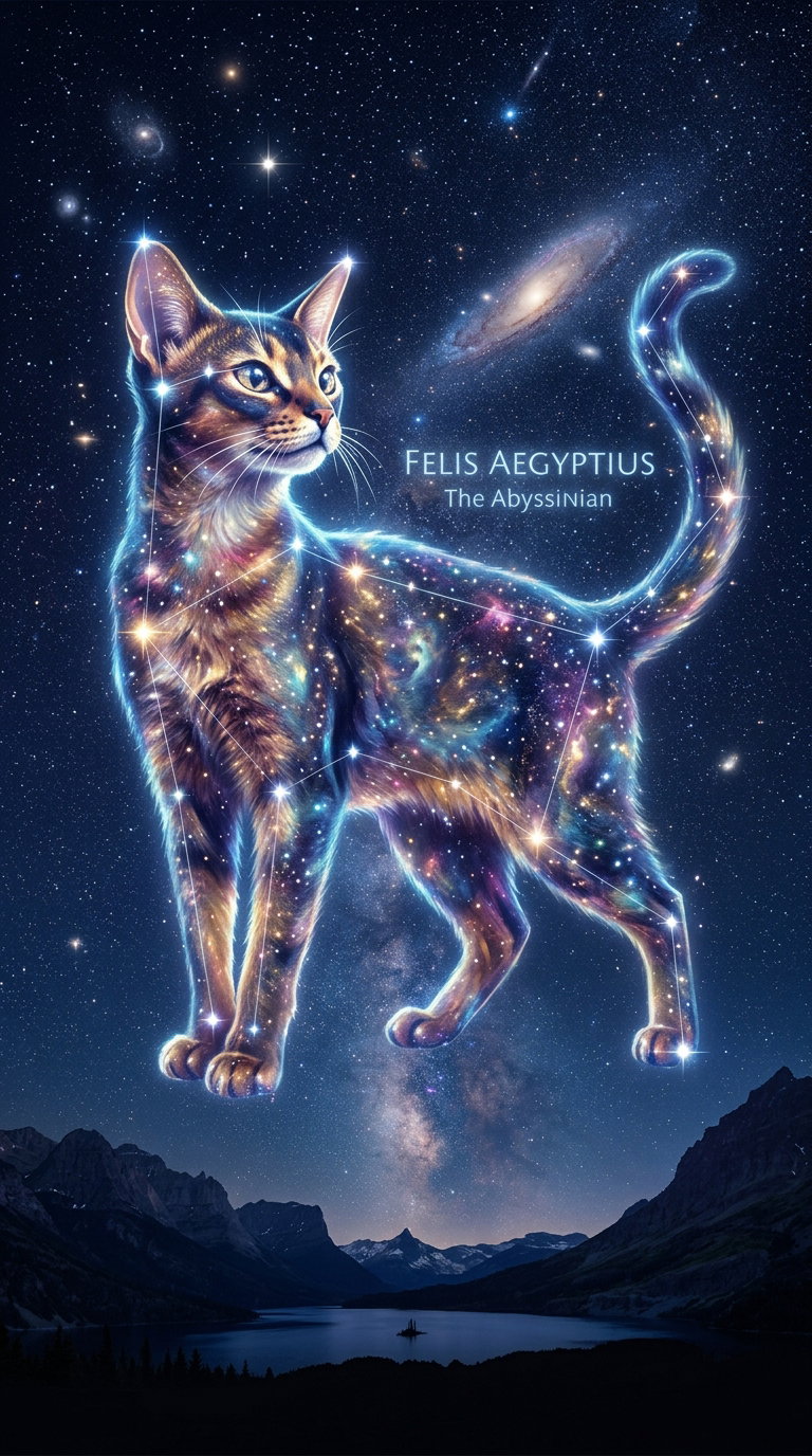 A sparkling, cosmic depiction of an Abyssinian cat against a starry sky