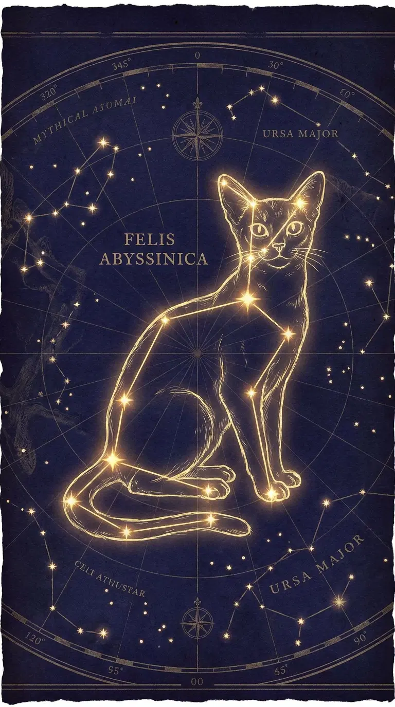 Starry depiction of an Abyssinian cat alongside constellations