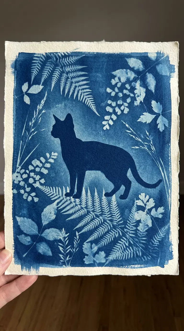 Artistic Cyanotype of a Cat Surrounded by Ferns and Leaves