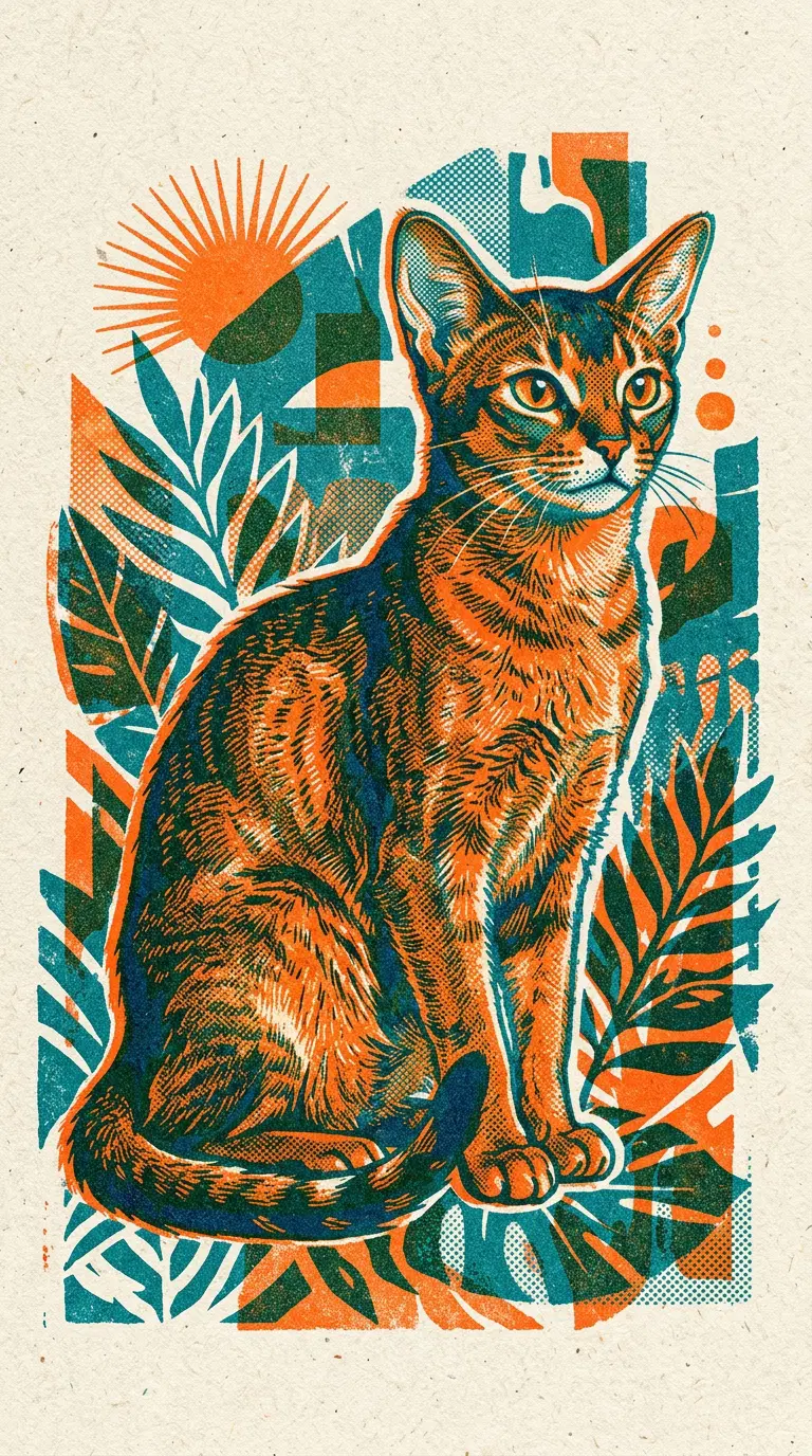 Stylized Illustration of an Abyssinian Cat Among Vibrant Plants