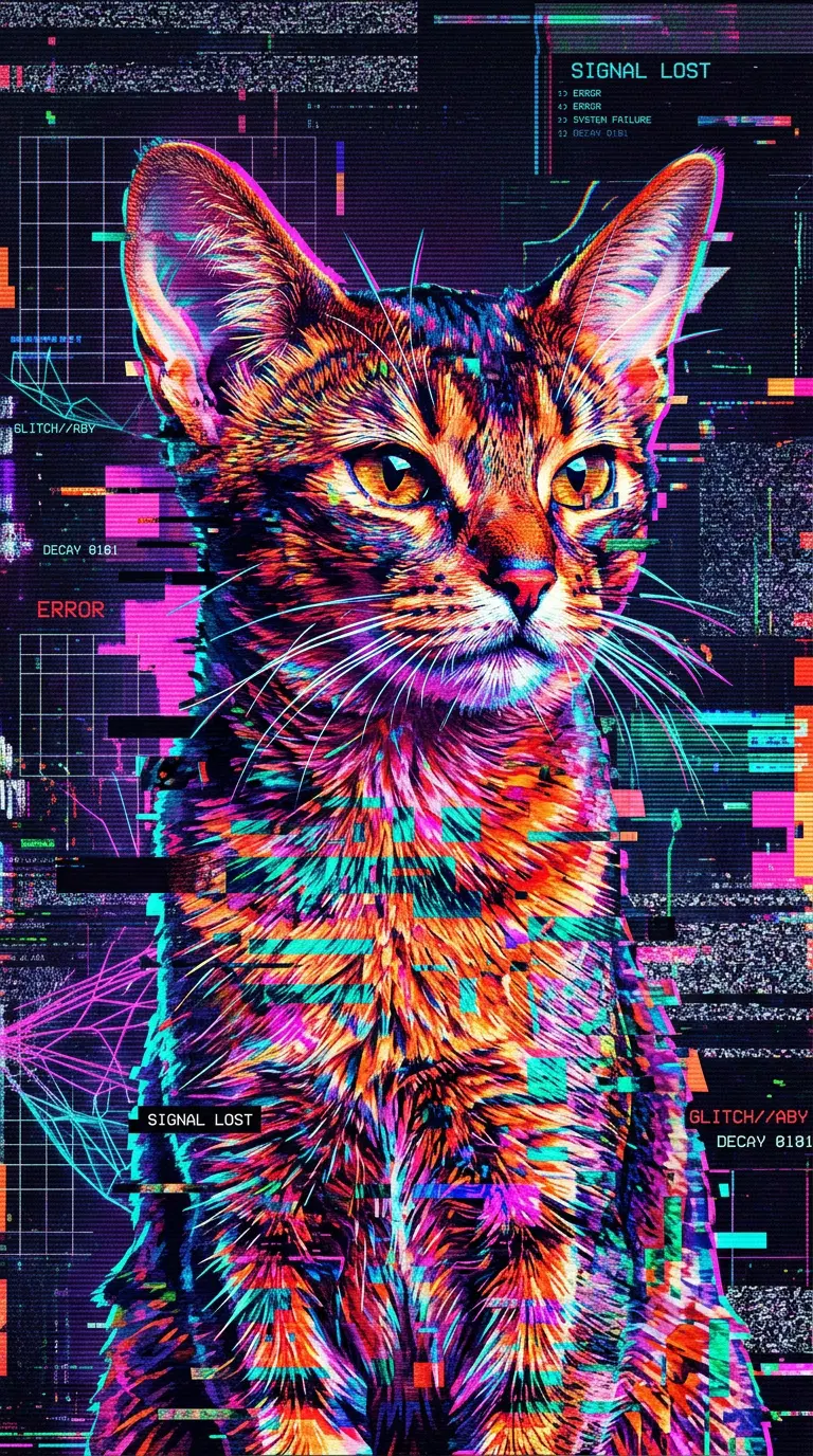 Colorful Digital Art of an Abyssinian Cat in a Glitch Style