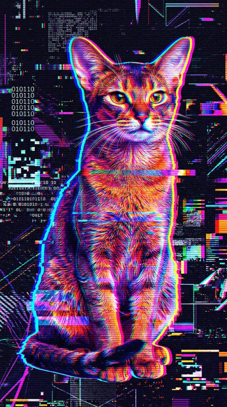 A colorful abstract depiction of a cat with glitch effects in the background