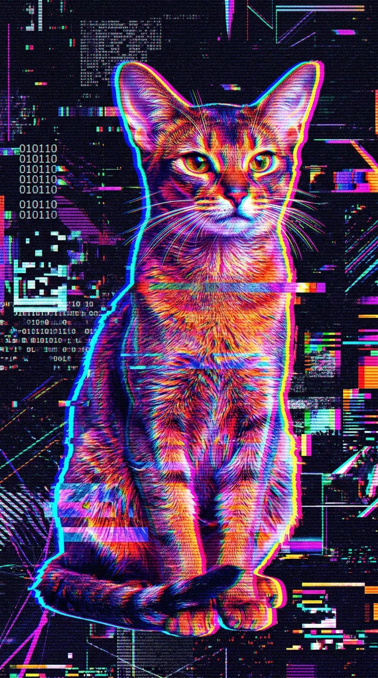 A vibrant digital artwork of an Abyssinian cat surrounded by glitch art