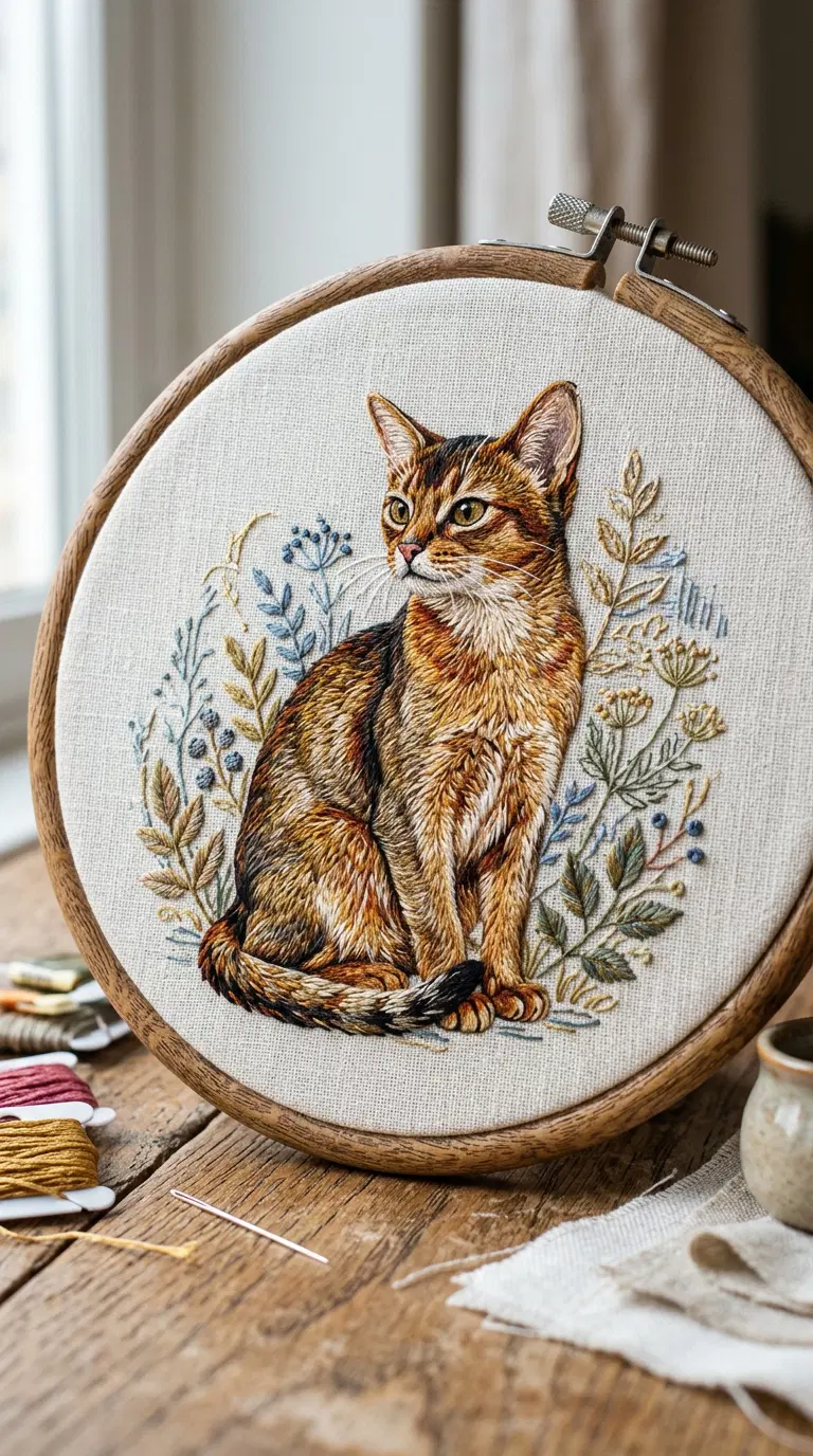 Intricate Embroidery of an Abyssinian Cat Among Floral Motifs