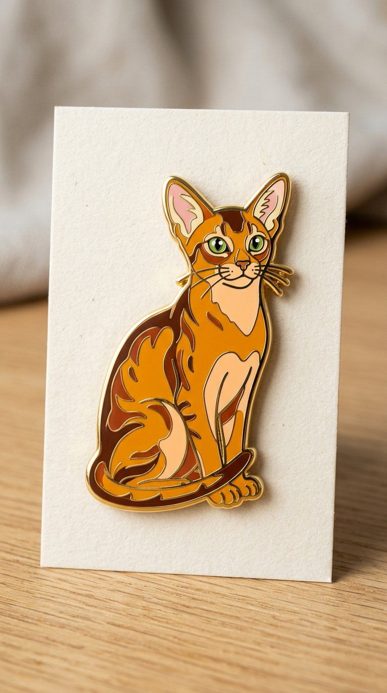 A stylized illustration of an Abyssinian cat with gold and brown colors, sitting on a card against a wooden surface.