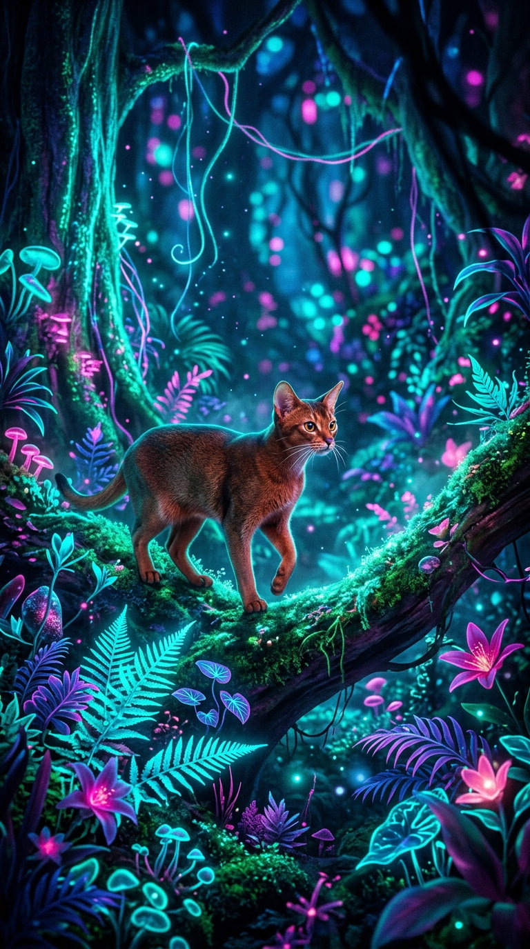 A brown Abyssinian cat walking on a moss-covered log amidst colorful plants and glowing mushrooms in a mystical forest