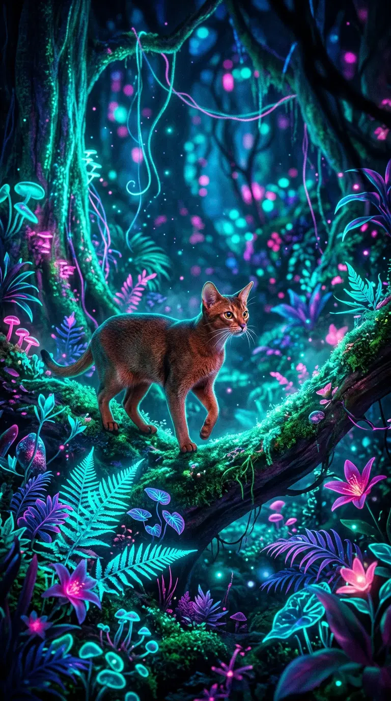 Abyssinian cat exploring a vibrant, enchanted forest scene