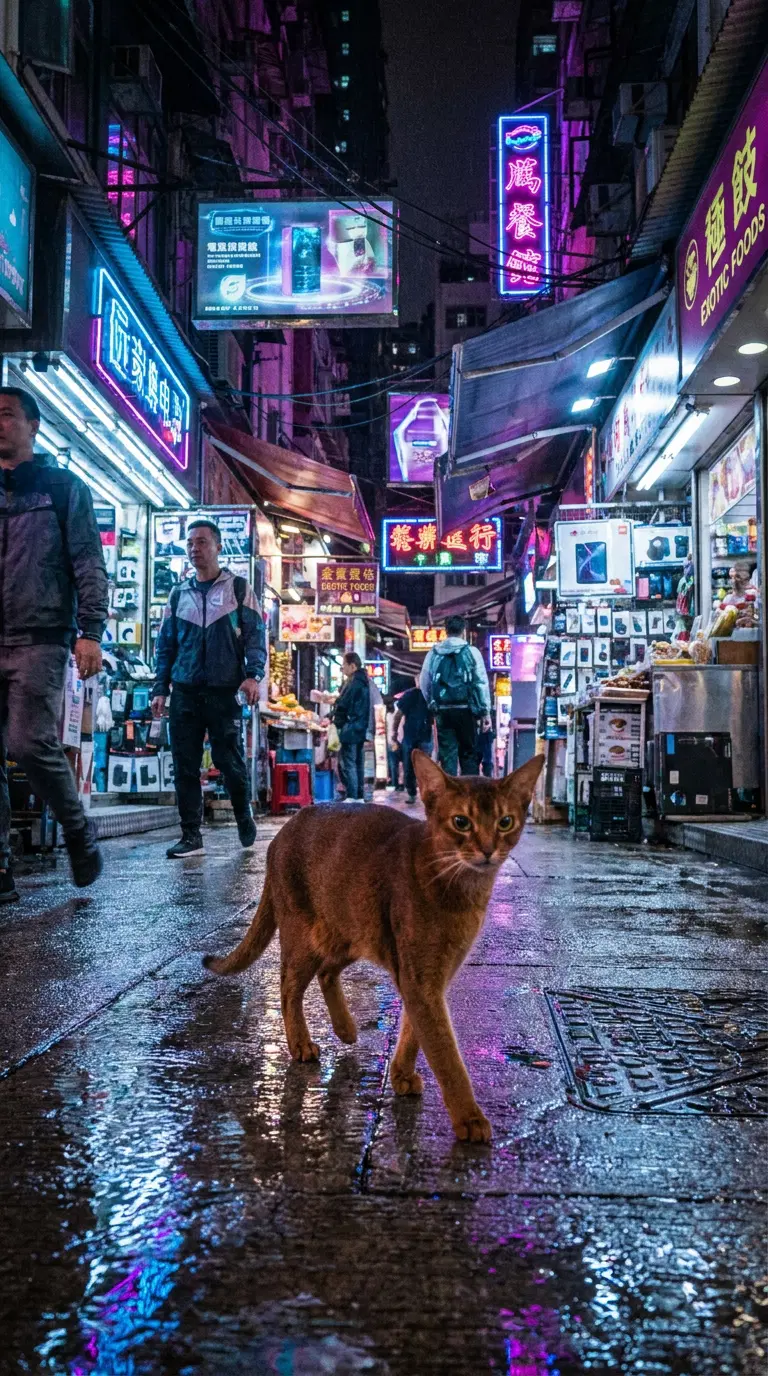 An Abyssinian Cat Walking Through a Vibrant City Street at Night