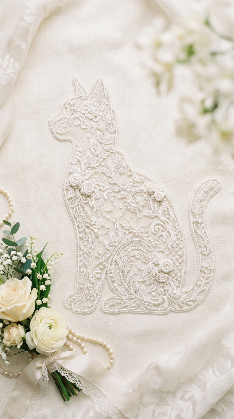 A white lace silhouette of a cat with floral patterns on a cream fabric, surrounded by a bouquet of flowers and pearls.