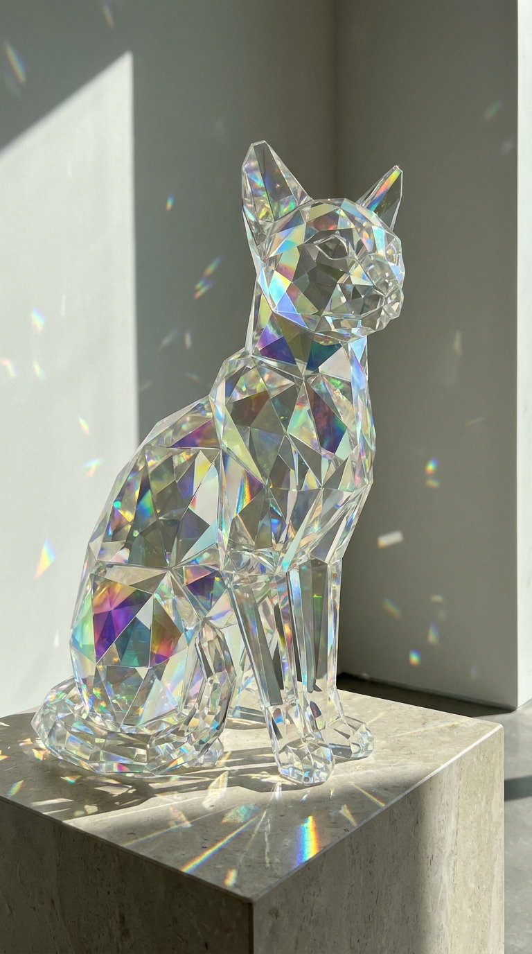 A shiny, crystal-faceted cat sculpture sits on a stone pedestal, with sunlight creating rainbow reflections around it.