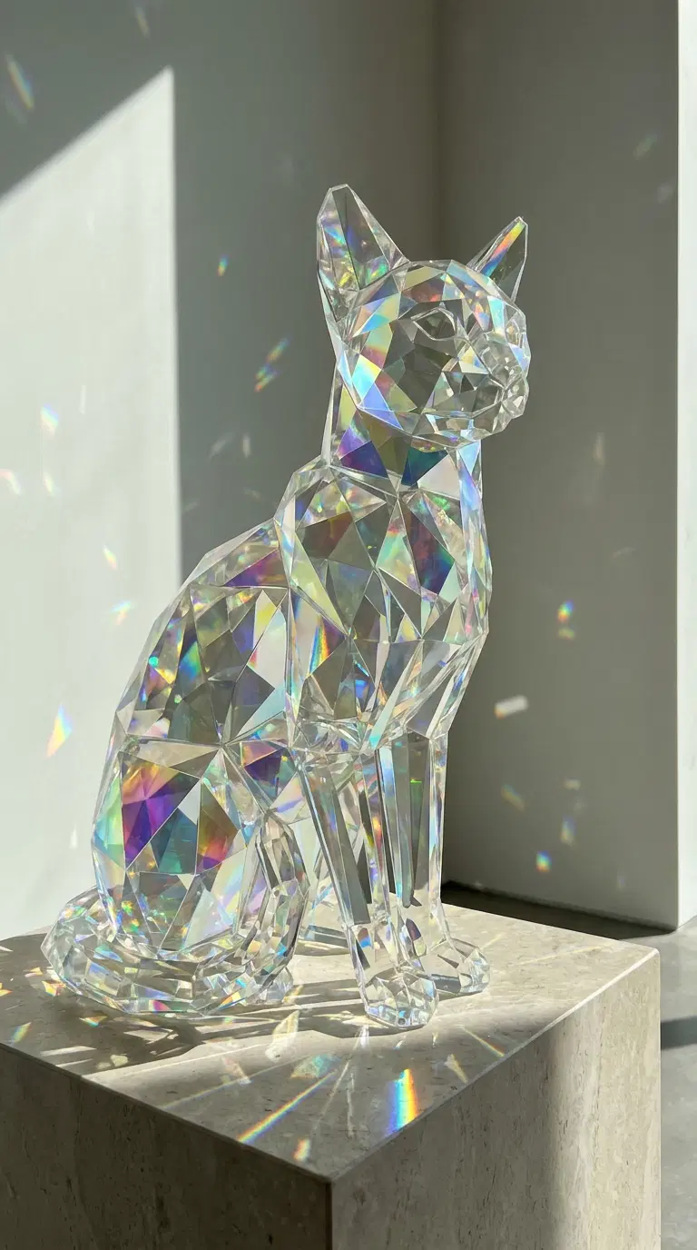 Crystal Cat Sculpture Reflects Light in a Modern Space