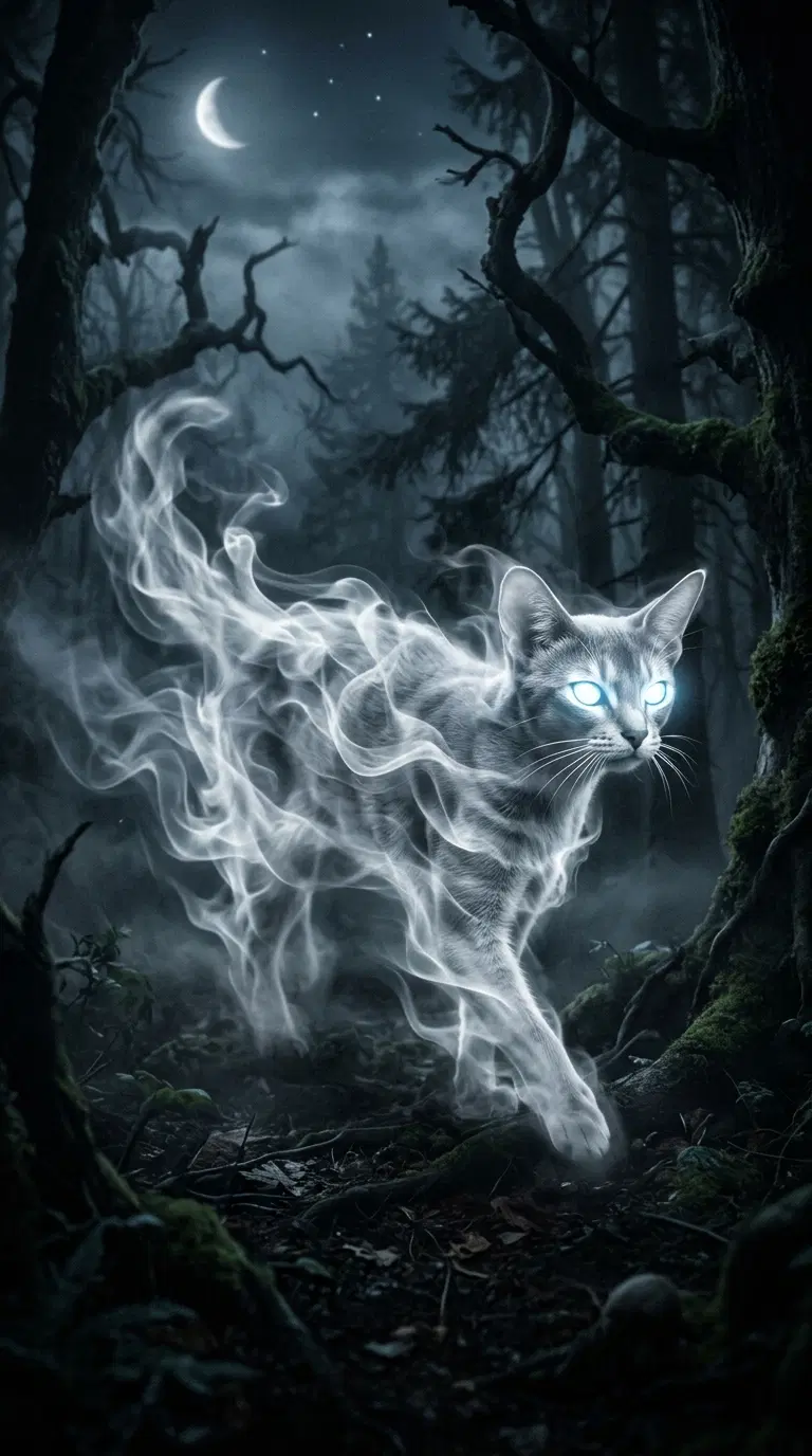 Ethereal Abyssinian Cat Glowing in a Mysterious Forest Scene