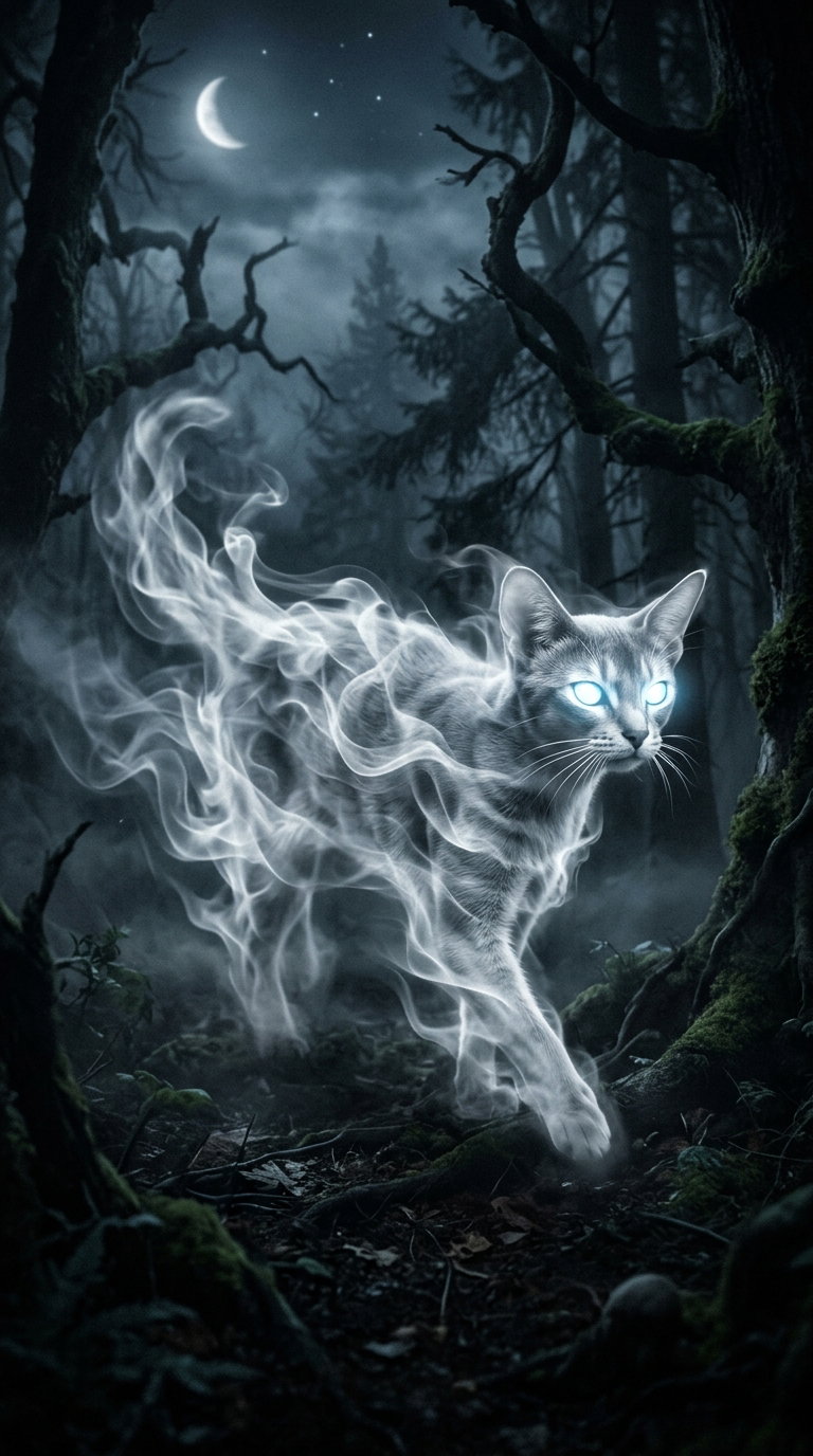 A ghostly Abyssinian cat with glowing blue eyes emerging from mist in a dark forest.