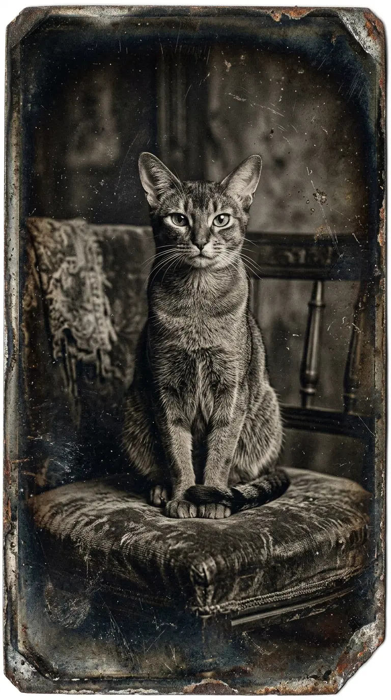 A regal Abyssinian cat posing elegantly on an ornate chair