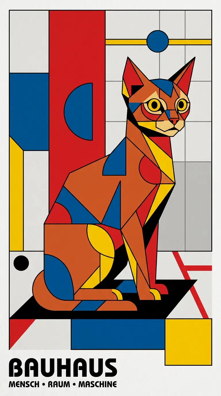 Stylized Illustration of an Abstract Cat in Bauhaus Design