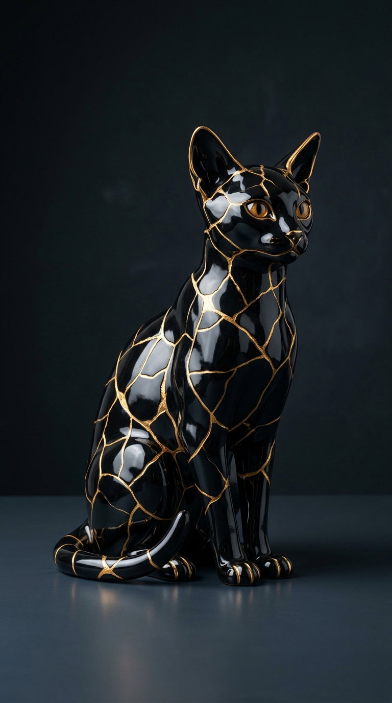 A glossy black cat sculpture featuring gold cracks on its surface.